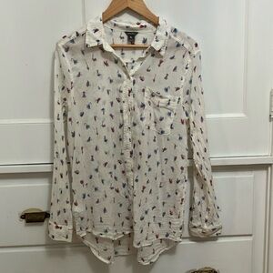 Eddie Bauer Gauze White Button Down Shirt with Red and Blue Print